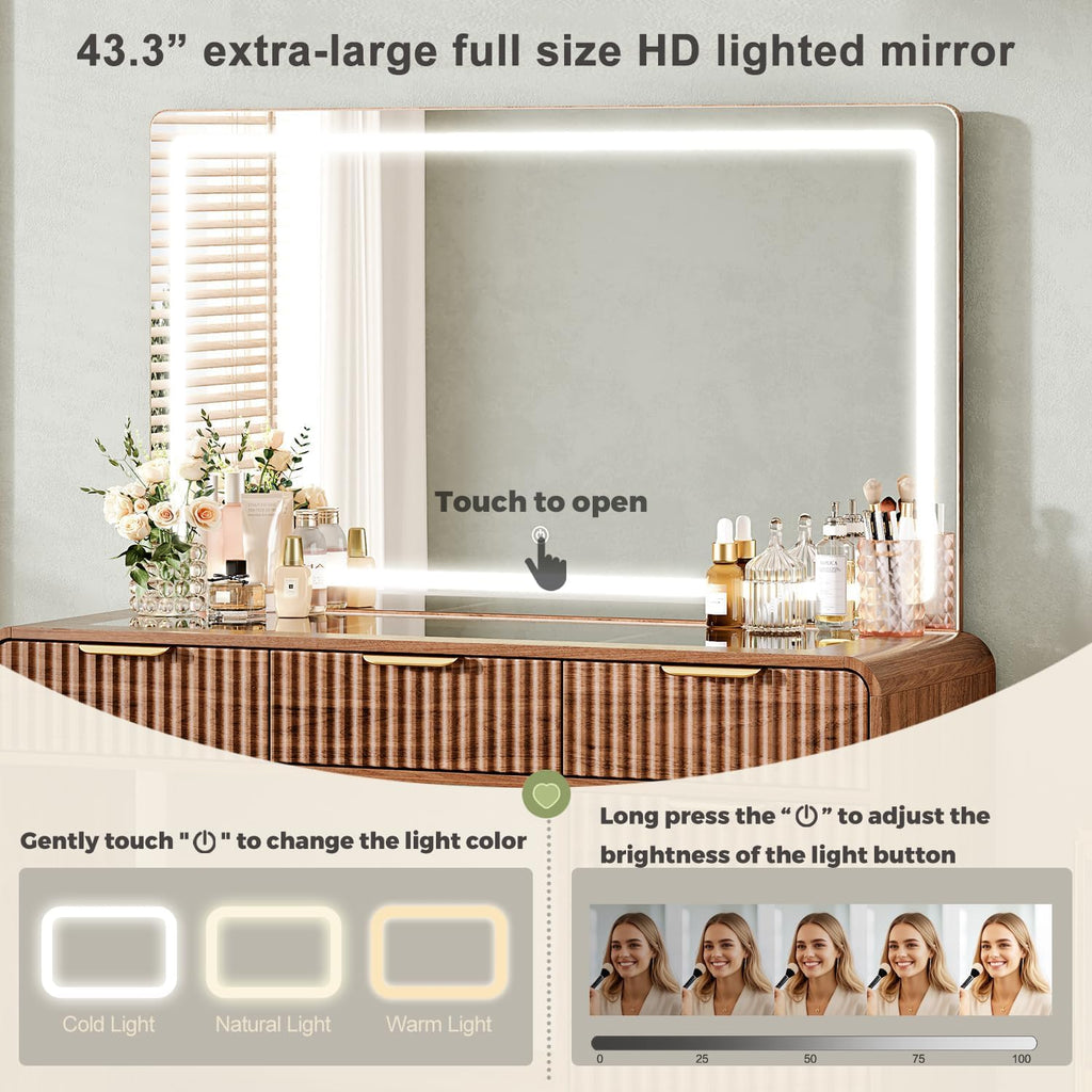 47"Makeup Vanity Desk with 44.8" Mirror and Lights, Vanity Desk with 7 Drawers, Makeup vanity table with a glass