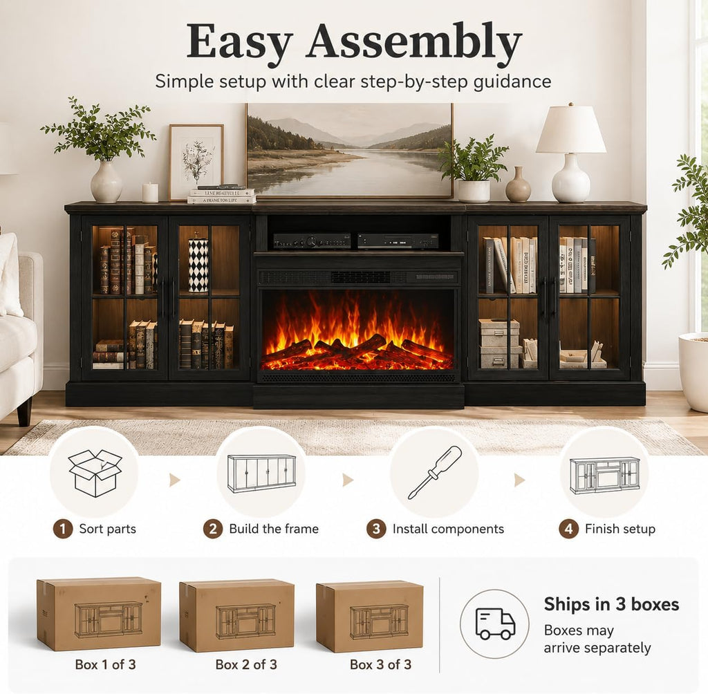 Black 98" Farmhouse TV Stand with 36" Fireplace for Living Room,Media Entertainment Center with Adjustable Shelves