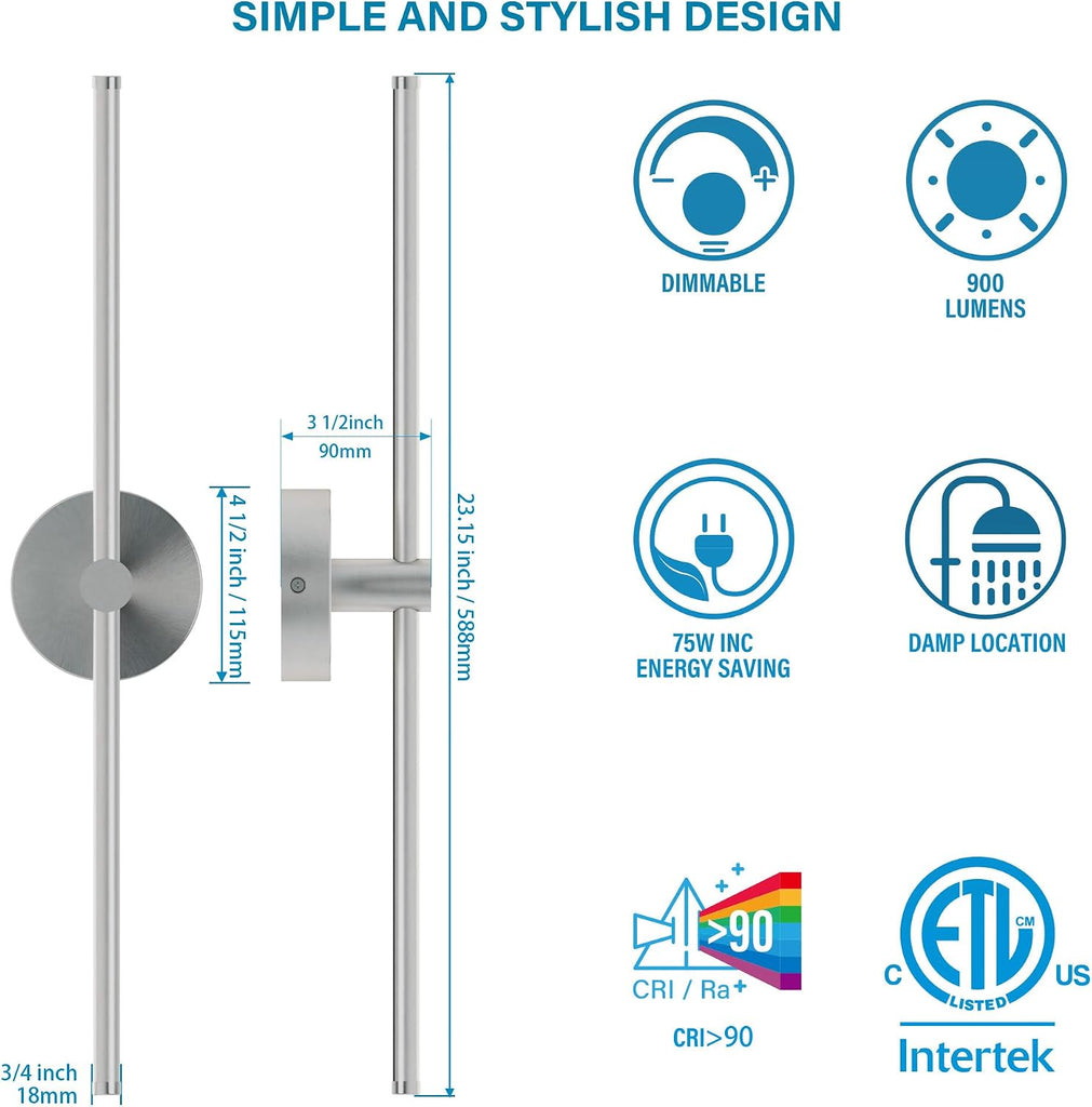 24 Inch LED Indoor Linear Wall Sconces Set of Two, 3CCT Switchable, Brushed Nickel, Hardwired and Wall Mounted