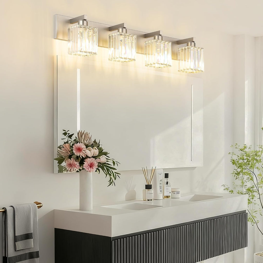 Brushed Nickel Bathroom Lighting Fixtures 4 Light Crystal Modern Bathroom Vanity Light (Exclude Bulb)