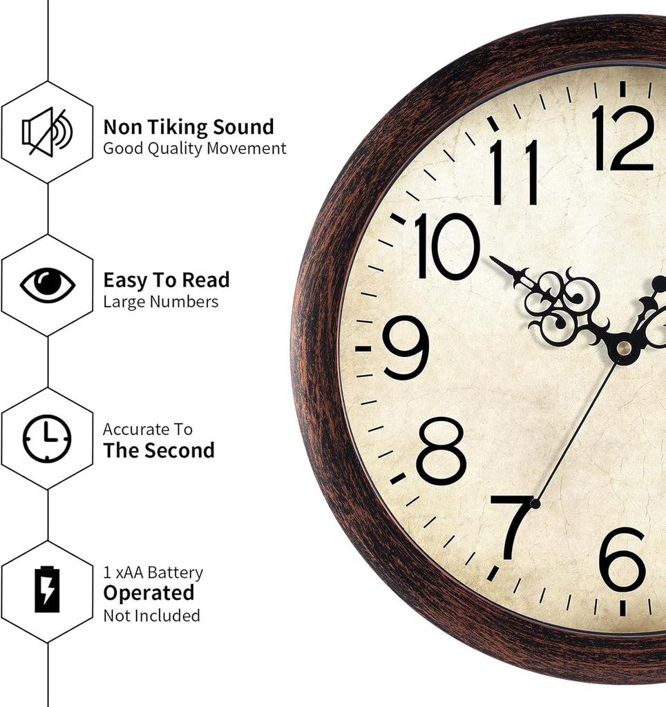 Wall Clock 14 Inch Vintage Wall Clocks Battery Operated Quartz Silent Non-Ticking Large Retro Rustic Style Decorative
