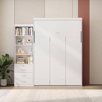 Full Murphy Bed, Morden Full Vertical Murphy Bed Frame with Shelf and Drawers, Wall Bed Hidden Bed Gas Struts, White