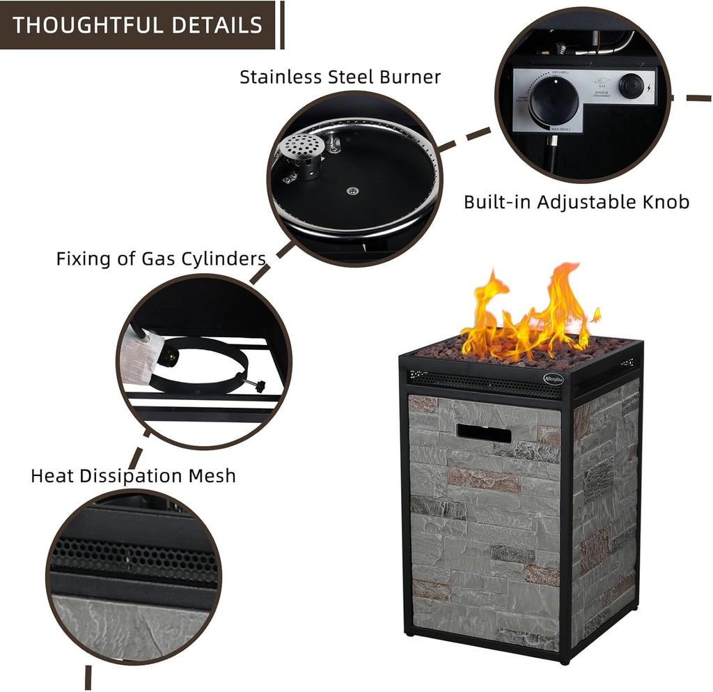 Terrafab Grey Panels with Steel Frame 16" Square 40,000 Btu Propane Fire Column Outdoor Wood Effect Fire Pit