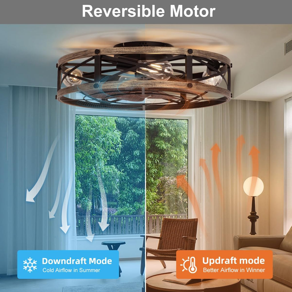 22" Farmhouse Ceiling Fan with Light, Rustic Caged Bladeless Low Profile Ceiling Fans with Lights and Remote