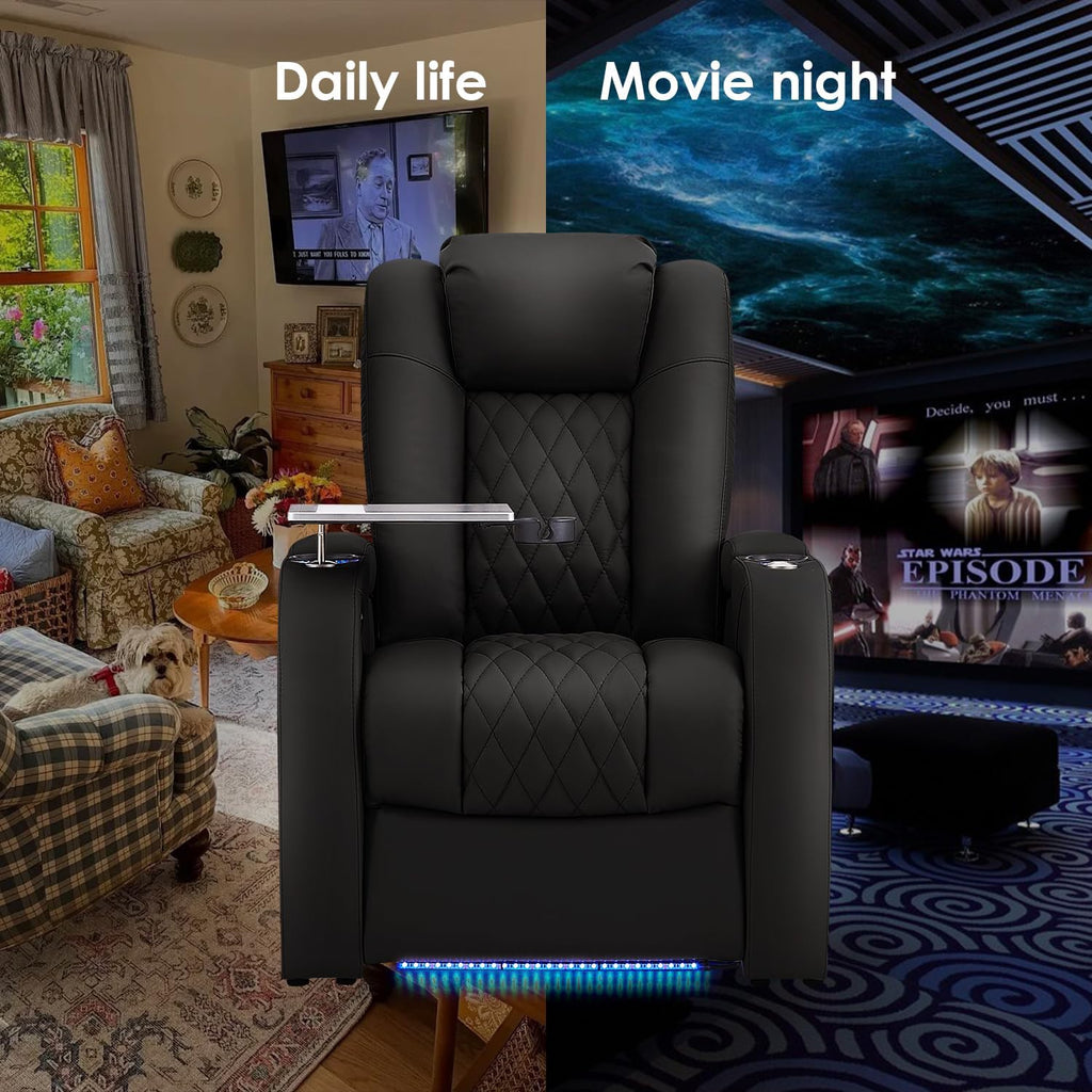 Home Theater Seating Genuine Leather Recliner Chair, Power Reclining & Headrest, USB A/C Charging Ports