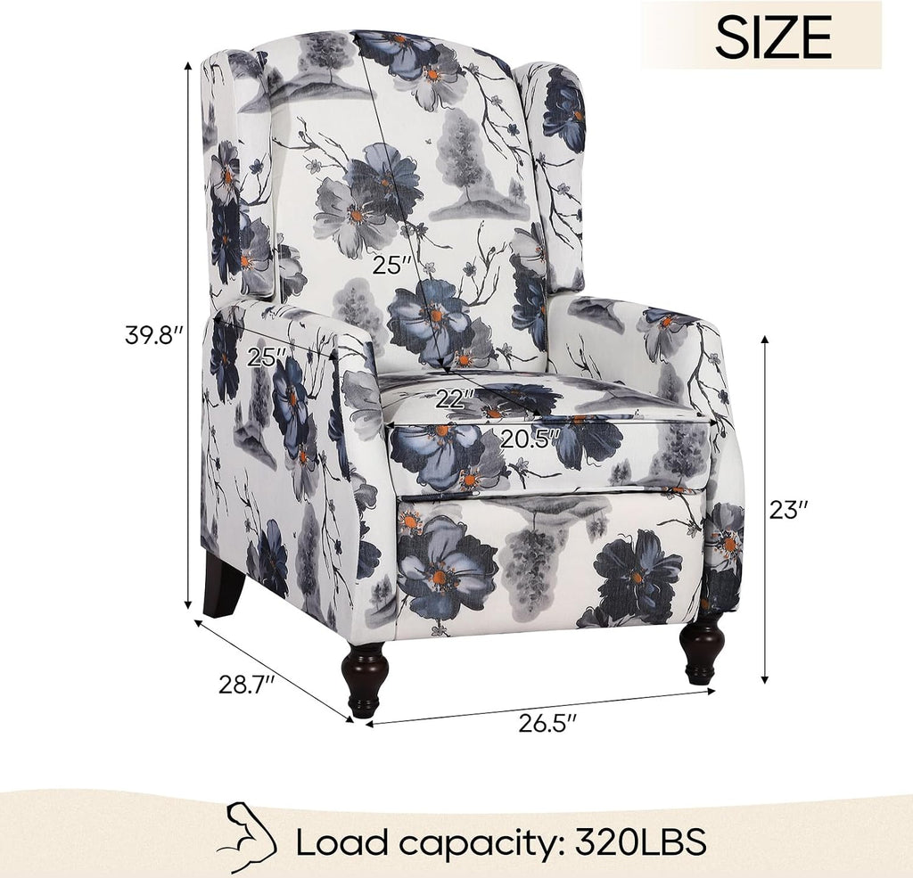 Upholstered Wingback Recliner Chair, Mid Century Modern Manual Push Back Recliner (1, Blue Floral)