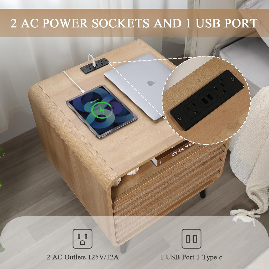 Modern Nightstand with Charging Station, 24" Night Stands with 2 Drawers, Wood Fluted End Table with Storage, Oak