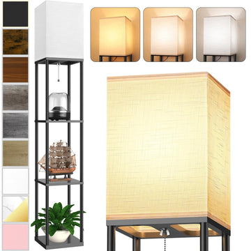 Floor Lamp with Shelves, Shelf Floor Lamp with 3 CCT LED Bulb, Corner Display Standing Column Lamp Etagere Organizer