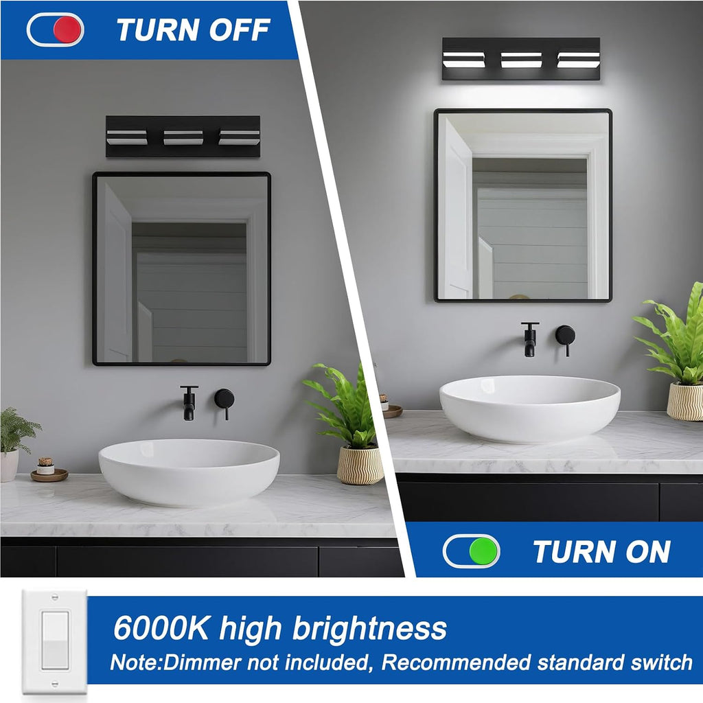 LED Modern Bathroom Lights Fixtures(3-Light,Dimmable,360°Rotate),Matte Black Acrylic Wall Lighting,Vanity Lights Over