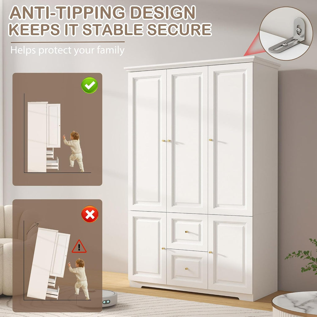 Armoire Wardrobe Closet with Drawers: 74" White Wardrobe Closet with 3 Doors, Tall Bedroom Armoires for Clothes, Wood