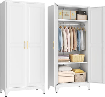 Metal Wardrobe Cabinet,Armoire Wardrobe Closet with Hanging Rod | 71" Freestanding Clothing Storage Cabinet,White