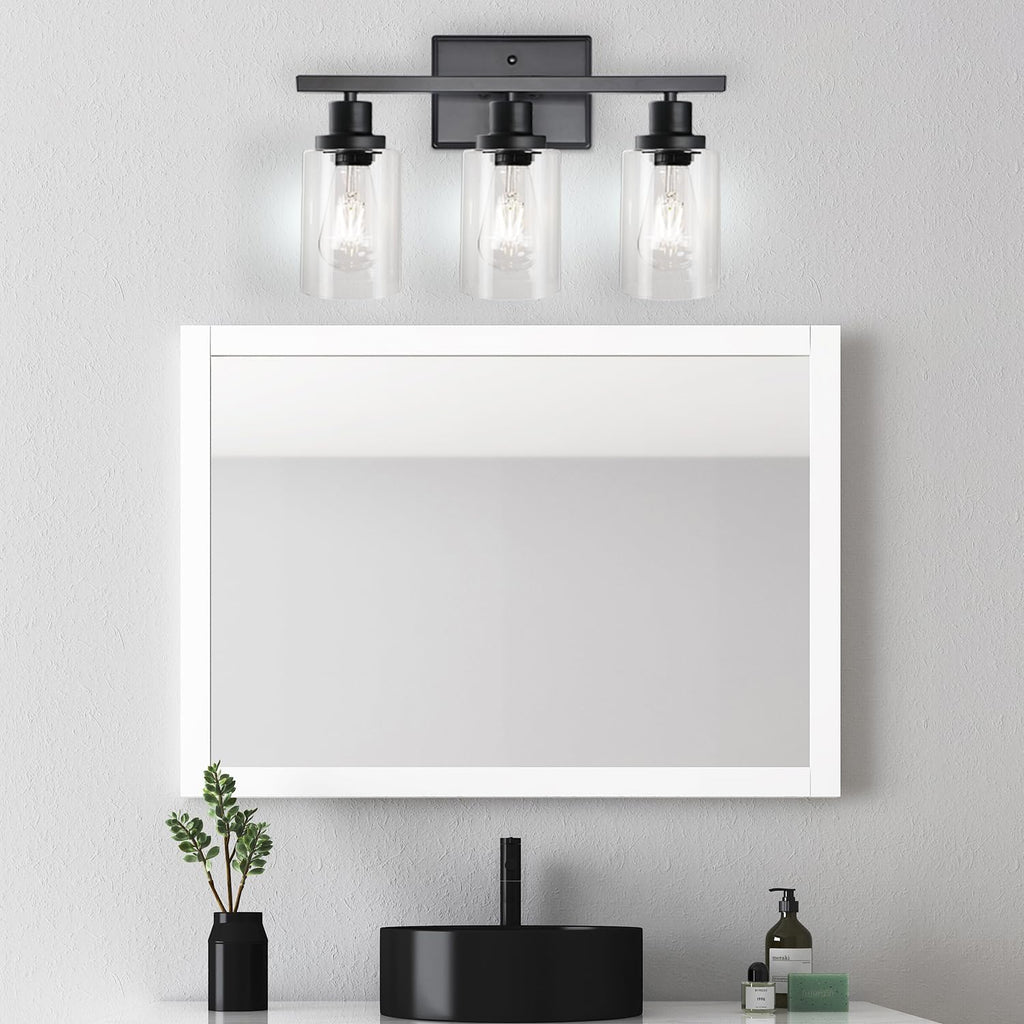 Bathroom Vanity Light Fixtures, 3 Light Wall Sconces Lighting with Clear Glass Shade, Black Wall Lights for Mirror