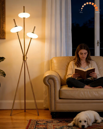 Tripod Floor Lamp Stepless Dimmable Gold Standing Tall Lamps with 3PCS Elliptical Lampshades Mid Cen