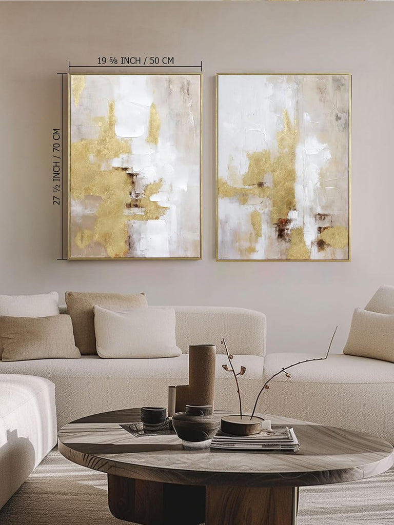 Abstract Gold and Beige Canvas Wall Art - 2 Piece Framed Prints with Hand-Painted Texture - Neutral