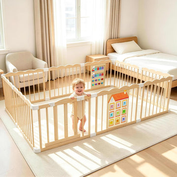 Wooden Baby Playpen with Built-in Activity Panel, 50x65x24In