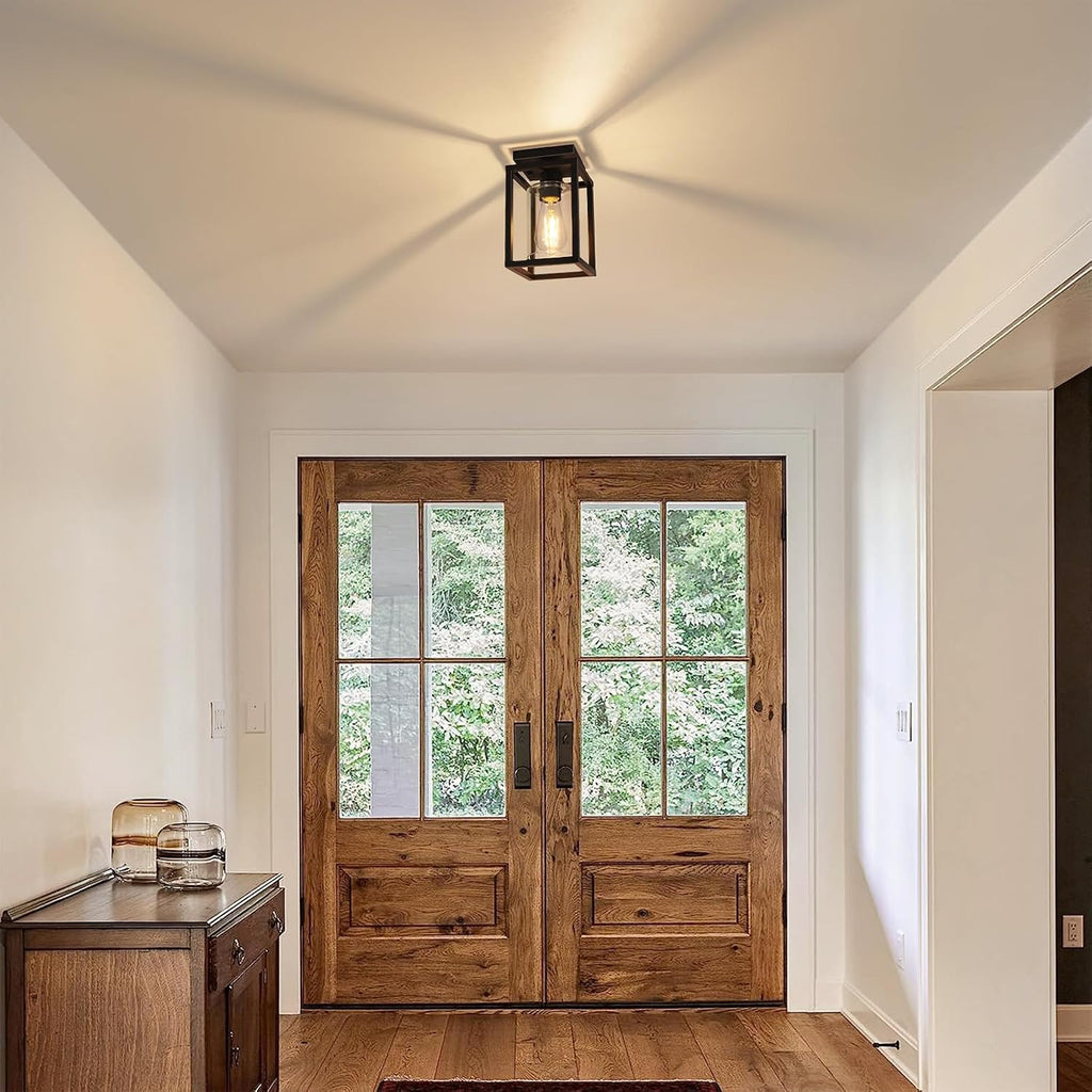 Semi Flush Mount Ceiling Light Fixture, Black Metal Frame Porch Ceiling Light Fixture with Clear Glass Shade and E26