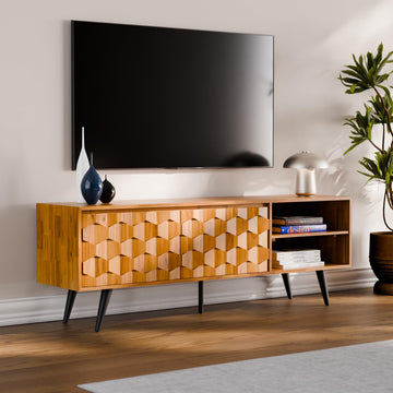 Georgina Solid Wood, 10 Minutes Assembly Entertainment Center with Storage Geometric Pattern Console for Living