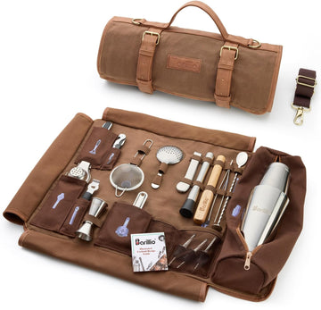 Bartender Kit Bag with Cocktail Shaker Set - Waxed Canvas, Traveling Bar Tools Bag with 17-Pc Cocktail Kit - Travel - Set of 17
