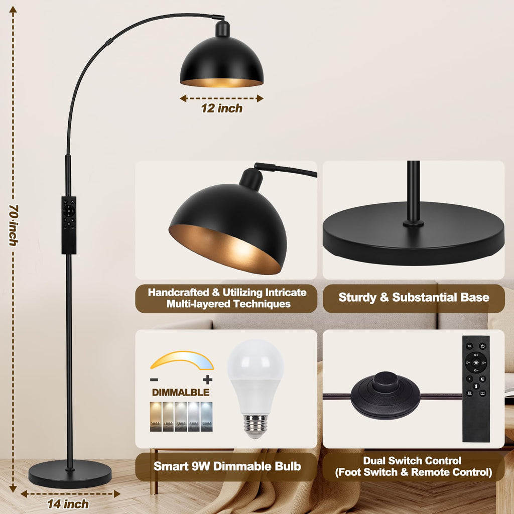 Black Arc Floor Lamps - Dimmable Arched Floor Lamp with Remote Control & 2700-6000K 9W LED Bulb Included