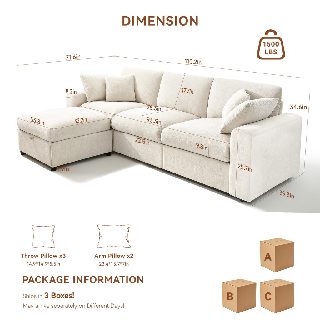 Cloud Sectional Couches, 110" Large Modular Sectional Sofa with Wide Deep Seat, L Shaped Couch with Throw Pillow and