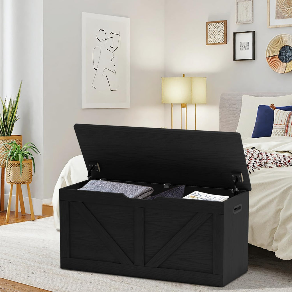 39.4" Storage Chest, Wooden Storage Bench, Large Storage Trunk | Entryway Shoes Bench with 2 Safety Hinges, Black