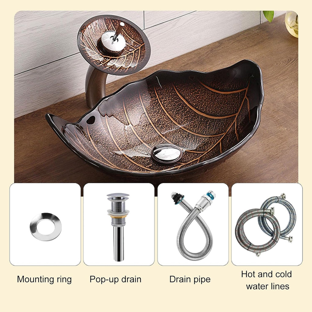 Leaf Shape Vessel Sink Set Tempered Glass Bathroom Bowl + Waterfall Faucet & Drainage System