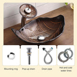 Leaf Shape Vessel Sink Set Tempered Glass Bathroom Bowl + Waterfall Faucet & Drainage System