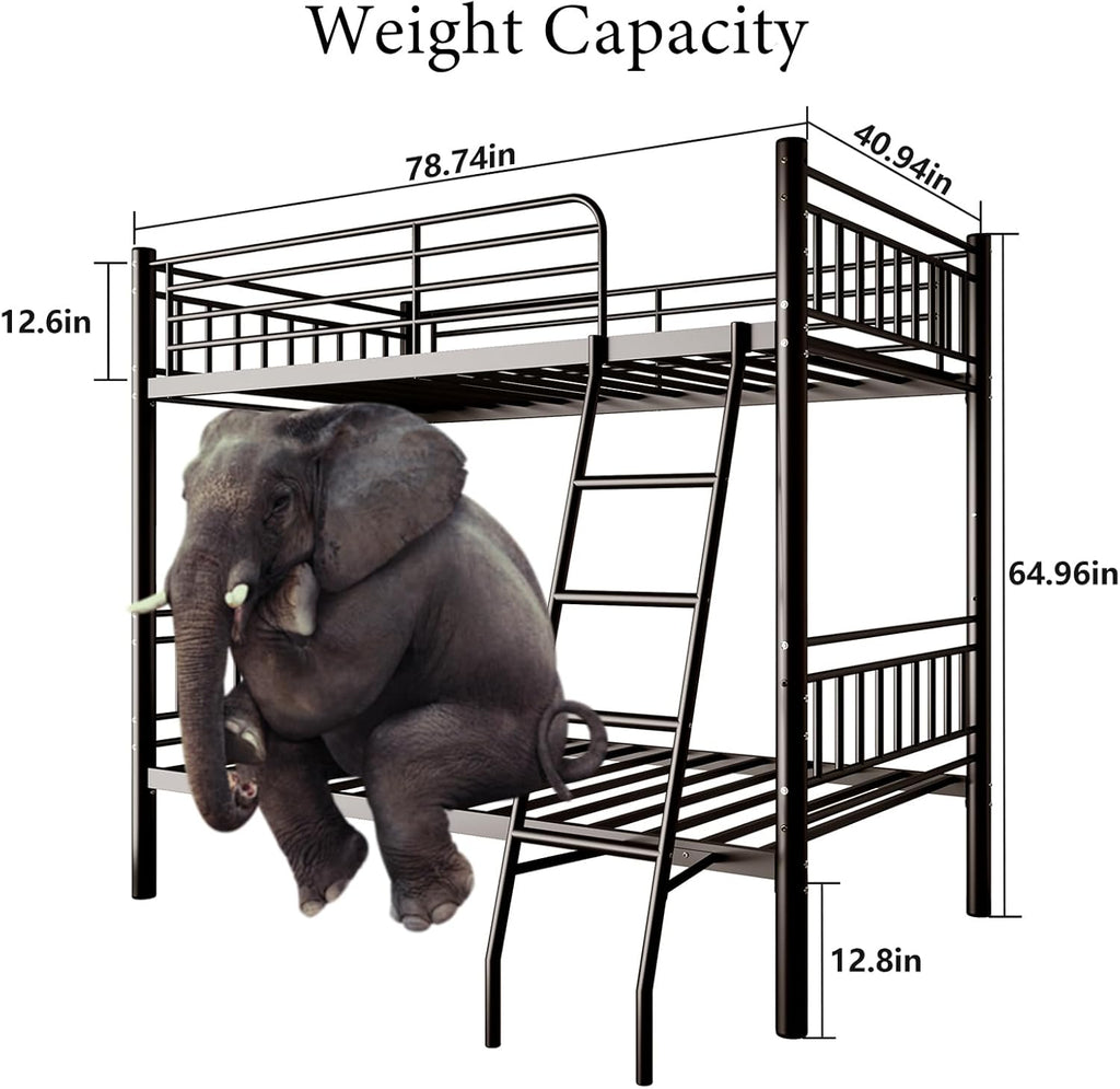 Bunk Bed Twin Over Twin, Metal Bed Frame, Twin Bunk Bed with Stairs and Safety Guardrail, No Box Spring Needed