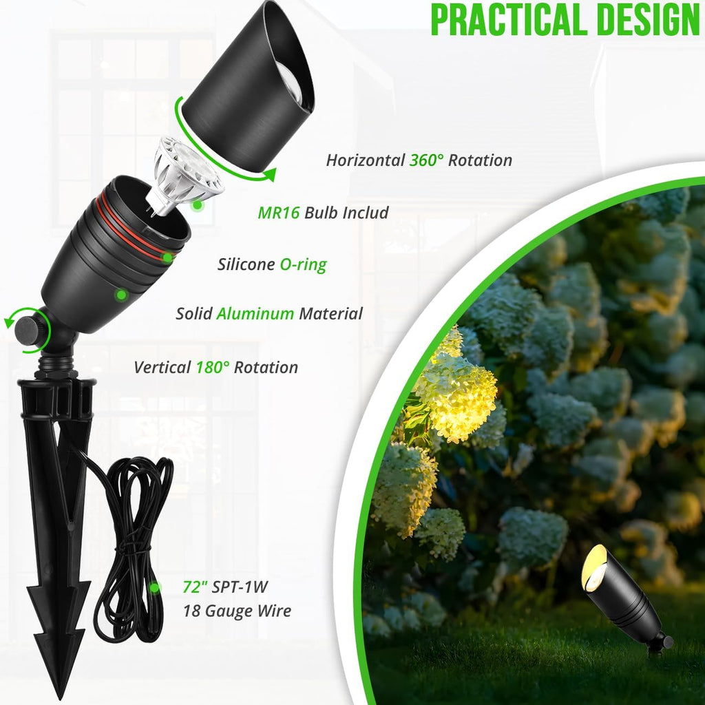 Landscape Spotlights Outdoor, 12V Low Voltage Landscape Lighting Fixture with 5W MR16 LED Bulb, Black Aluminum Yard