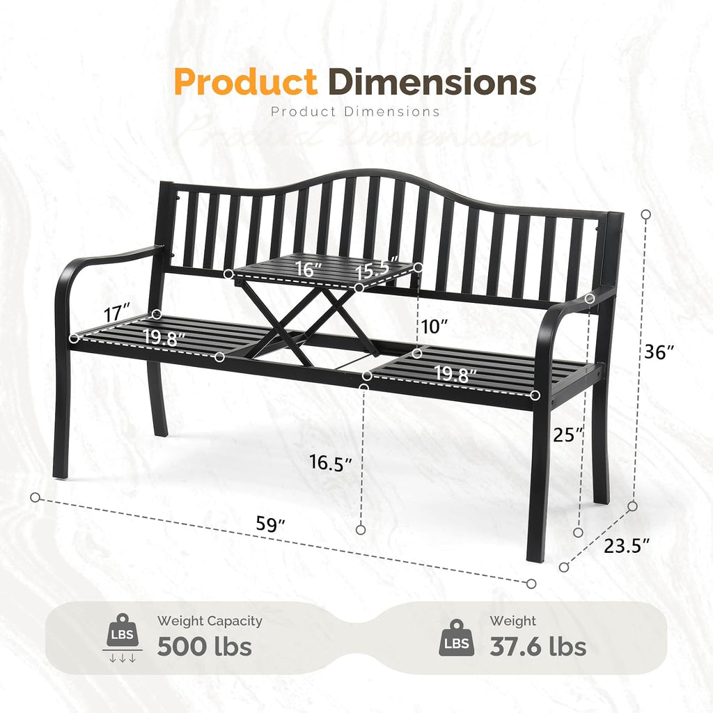 59" Outdoor Metal Bench Patio Bench with Built in Table Park Bench Garden Bench, Outside Benches Weather Proof Front