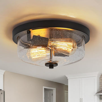 Black Flush Mount Ceiling Light Farmhouse Outdoor Porch Light Fixtures With Seeded Glass Shade