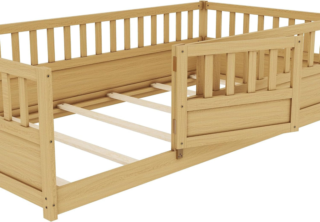 Twin Size Floor Bed with Fence and Door, Montessori Floor Bed with Slats, Twin Size Montessori Beds for Kids, Girls