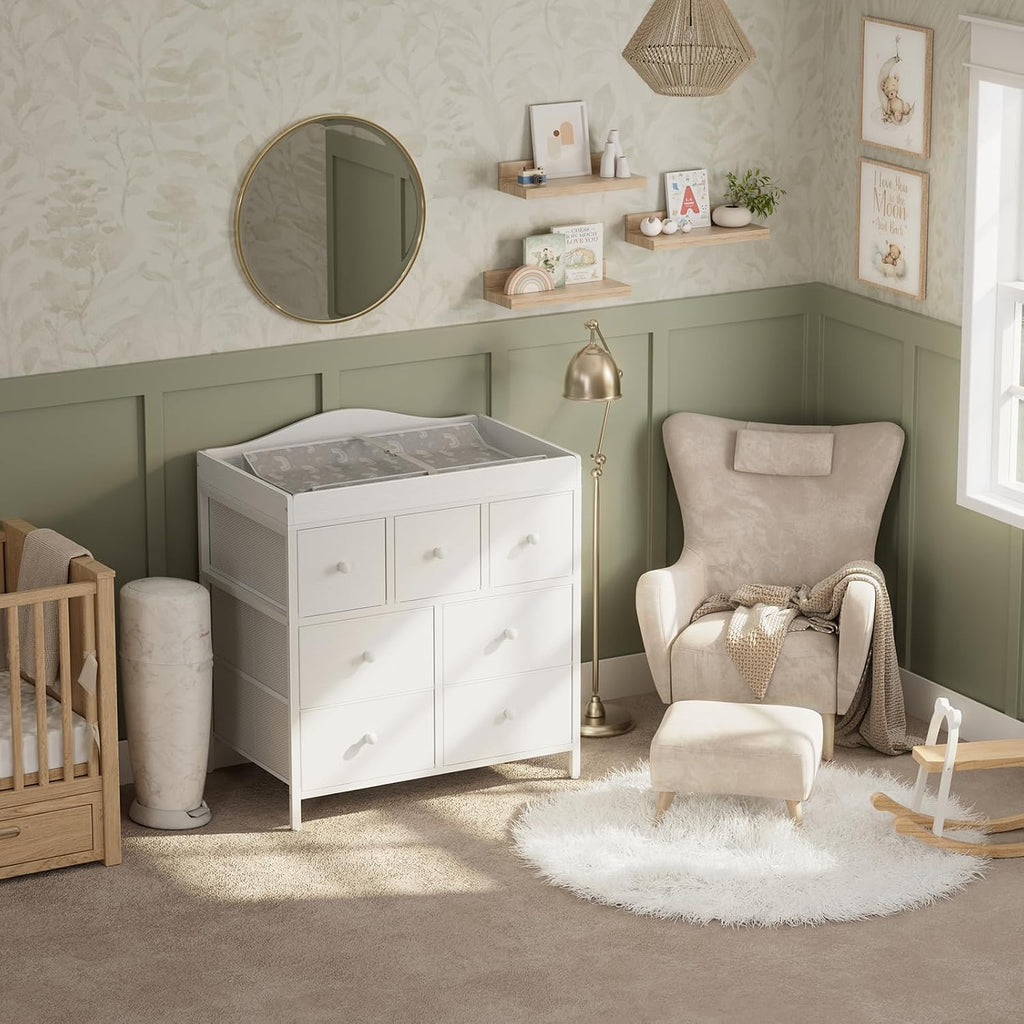 Changing Table Dresser with Storage, Baby Dresser with Changing Table Top Diaper Changing Station with 7 Fabric