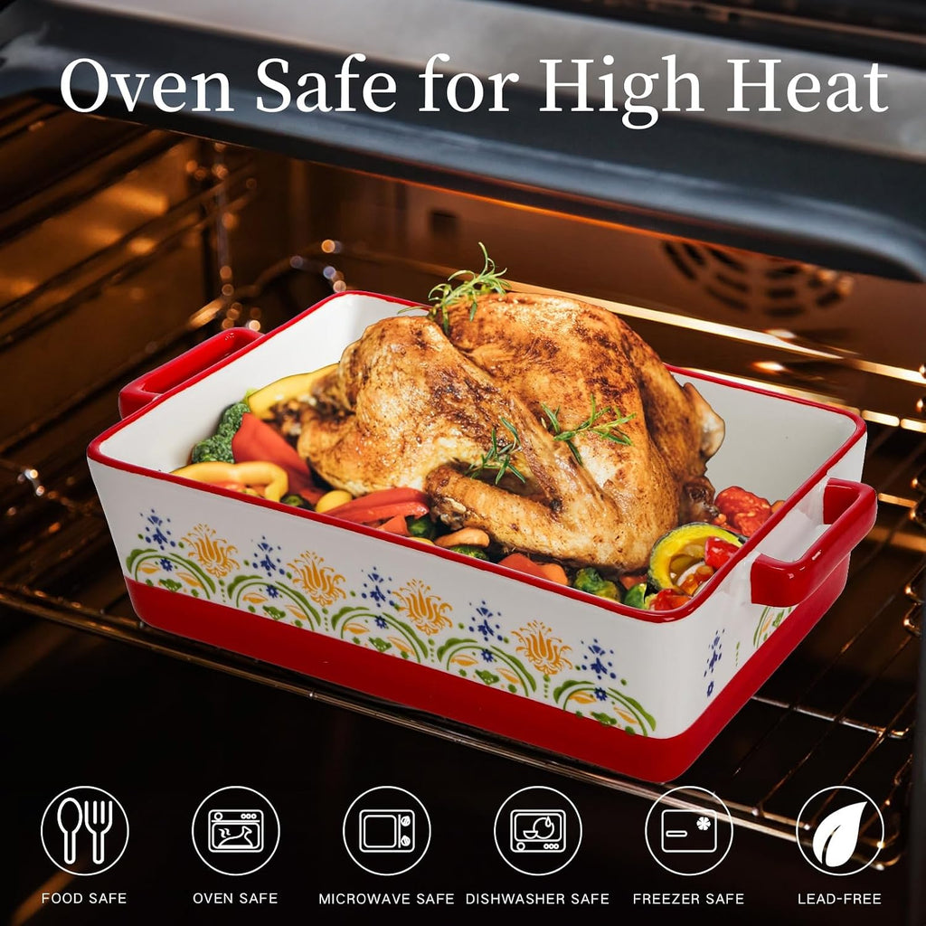Set of 3 Ceramic Dishes, Rectangular Casserole Dish for Oven, Ceramic Bakeware Lasagna Pan Deep with Handles for