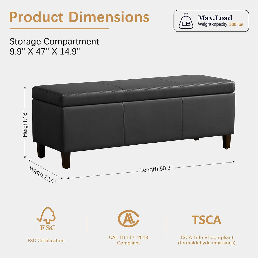 Faux Leather Storage Ottoman Bench 50.3 Inch Extra Long PU Upholstered Bedroom Bench with Large Storage Space for the
