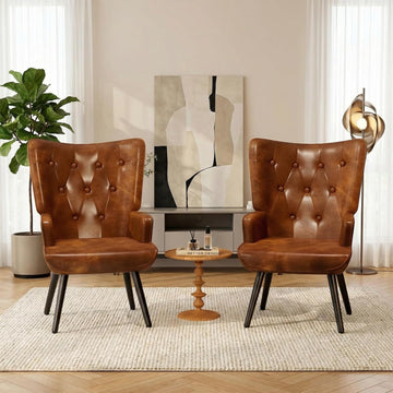 Accent Chairs Set of 2 Upholstered PU Leather Living Room Chairs | High Back Mid Century Modern Accent Armchair