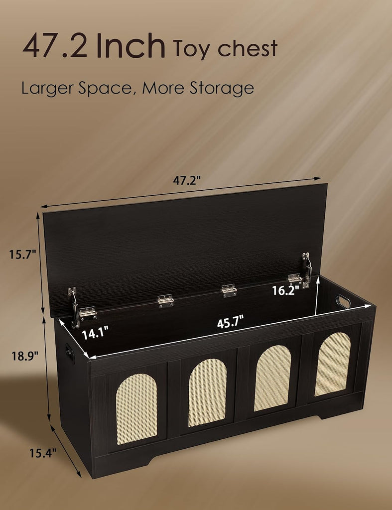 Storage Chest, Wooden Toy Box with Lid, 2 Soft-Close Hinges 47.2" | Entryway Shoe Bench, Finger-safe Flip-Top, Easy