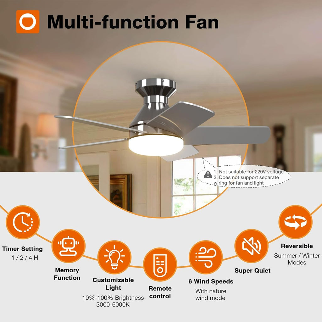 Ceiling Fans with Lights, 32 inch Low Profile Ceiling Fan with Light and Remote Control, Flush Mount, Reversible, 3CCT, Dimmable, Quiet, Nickel Small Ceiling Fan for Bedroom Indoor/Outdoor Use