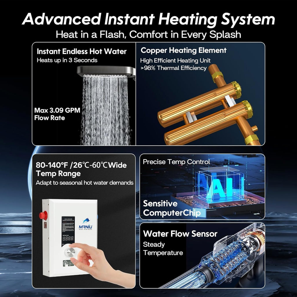 240V Tankless Water Heater, 27kW Electric Instant Hot Water Heater with LED Temperature Display