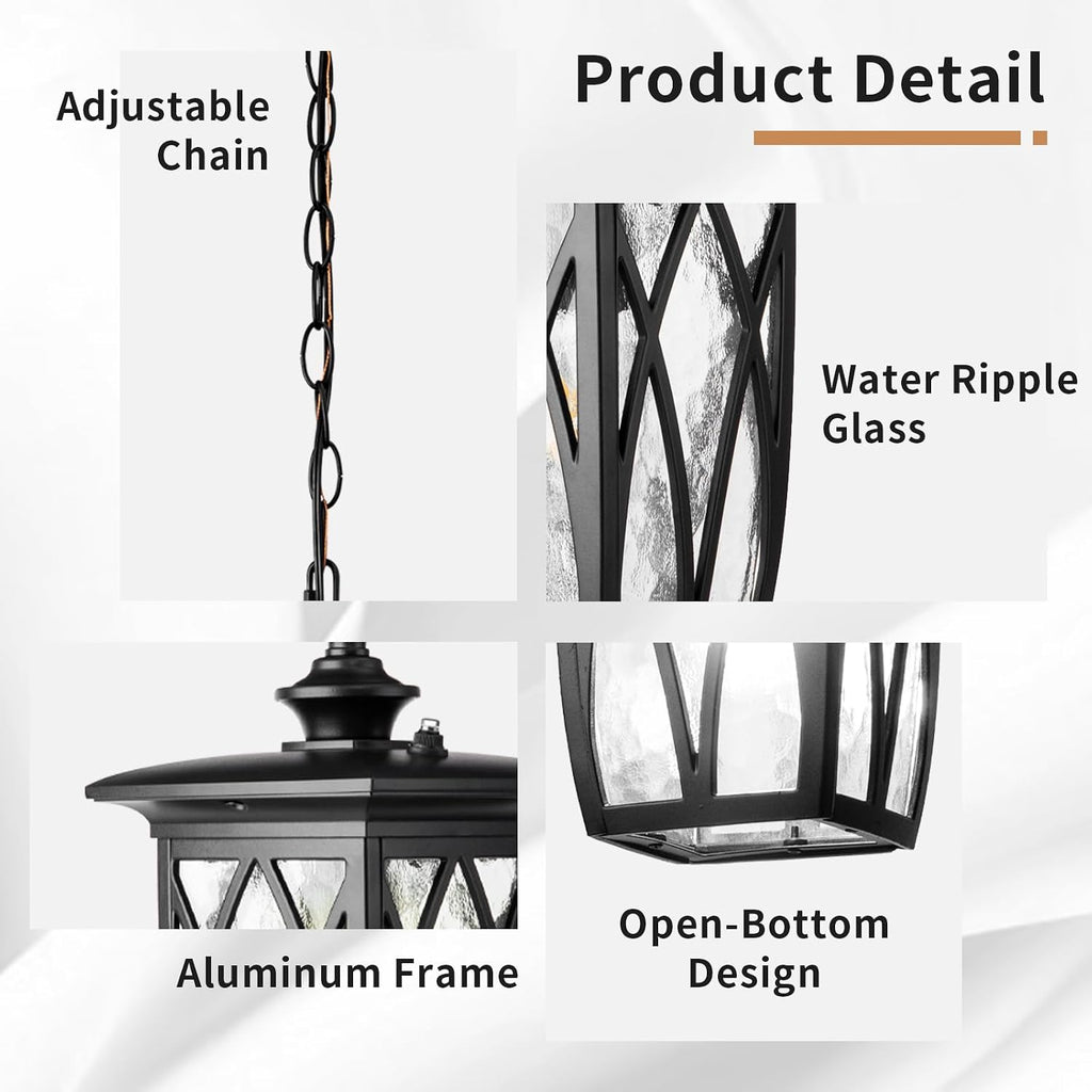 Dusk to Dawn Outdoor Pendant Lantern, 12 Inch Craftsman Style Exterior Hanging Light with Water Ripple Glass