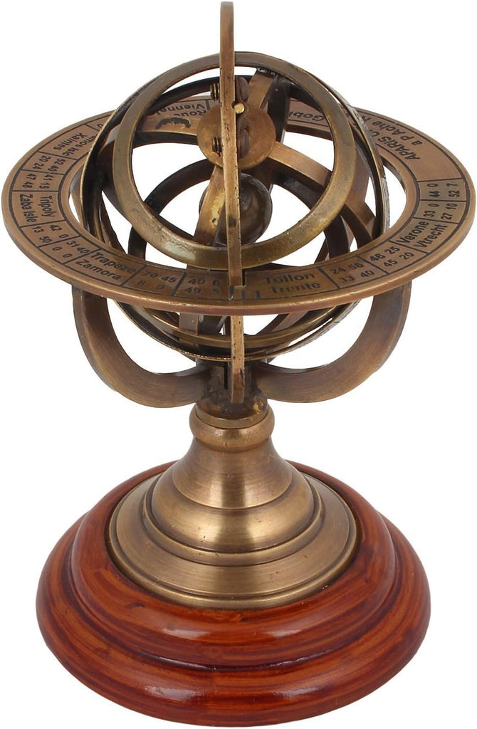 Antique 5" Armillary Astrolabe Sphere Showpiece Made from Brass and Wooden Base Rustic Vintage Home Decor Gifts