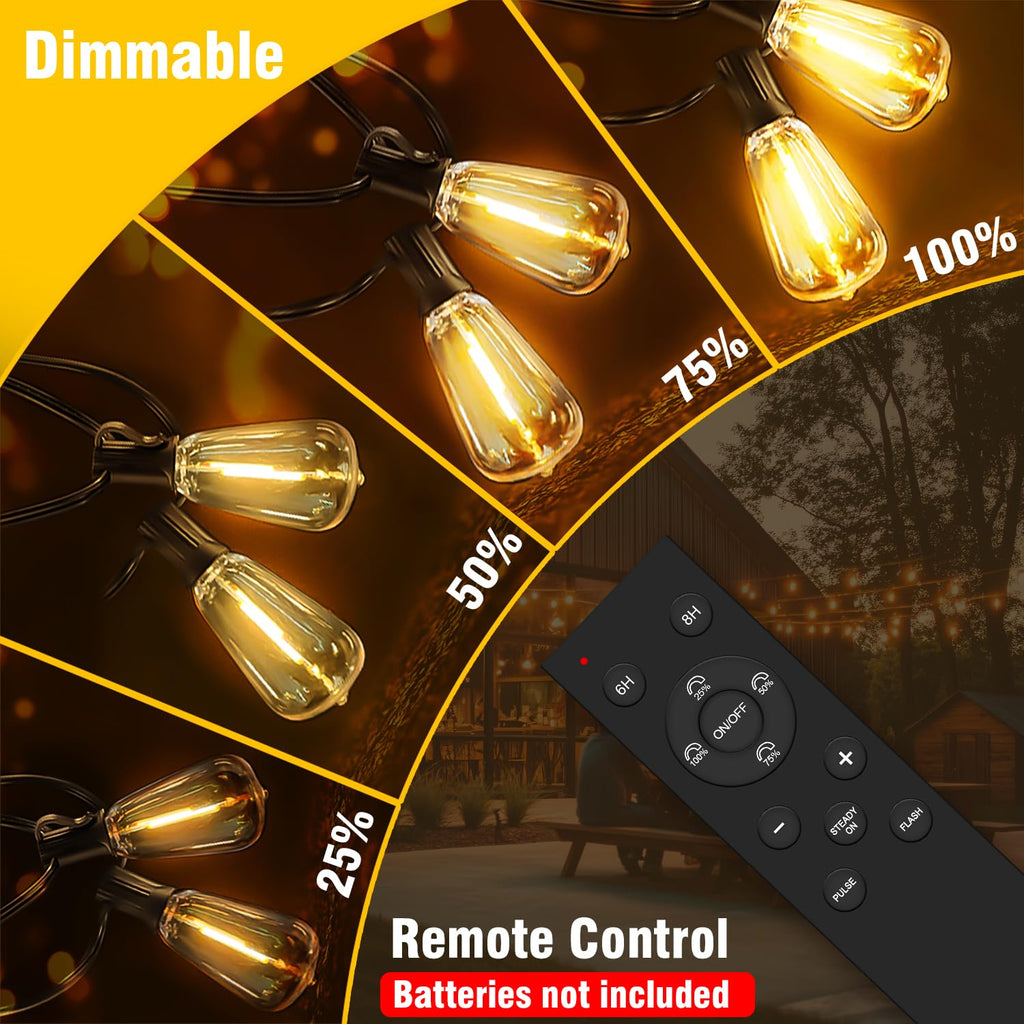 Solar String Lights Outdoor Waterproof with Remote & Timer, LED Shatterproof ST38 Bulbs, USB & Solar Powered