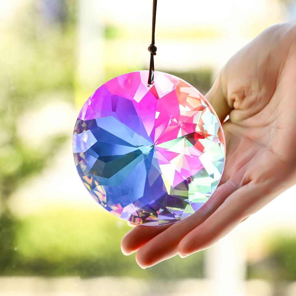 3 Inch Round Crystal Prism Suncatcher, AB Color Rainbow Maker - Faceted Crystal Pendant, Window Hanging Ornament