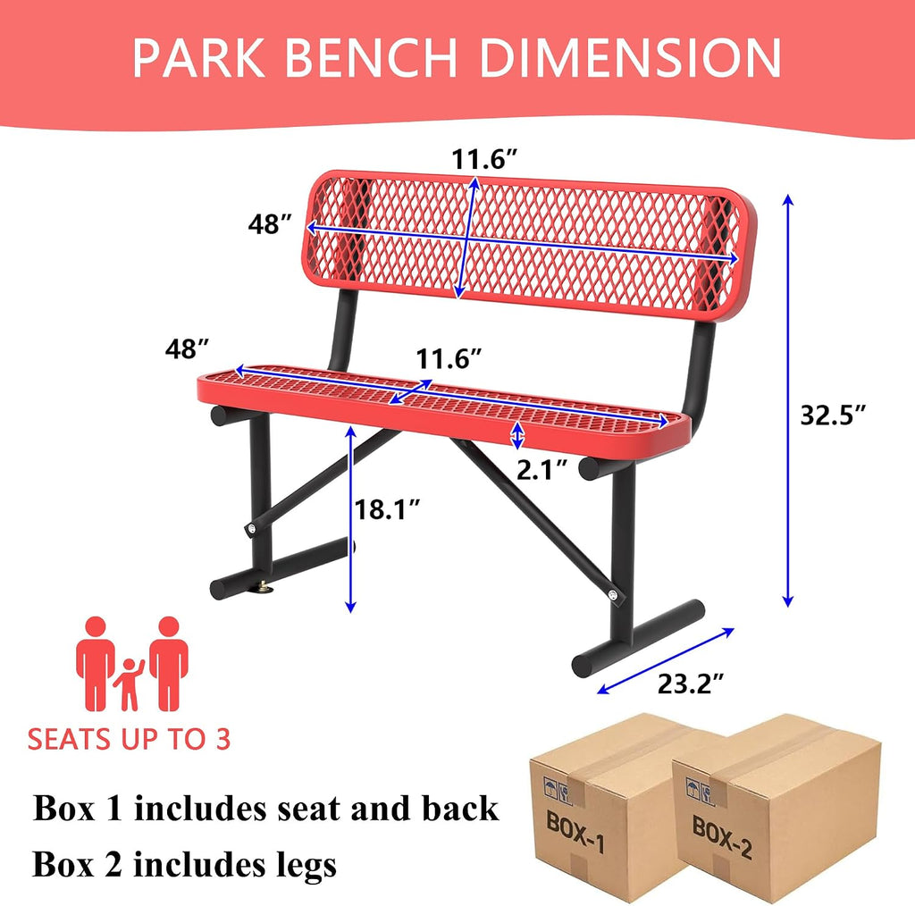 4FT Heavy Duty Metal Park Bench for Outside, Thermoplastic-Coated Weatherproof Outdoor Bench with Backrest & Portable