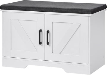 Farmhouse Shoe Storage Bench with 2 Barn Doors & Padded Seat Cushion | 27.6" Wide Entryway Bench with Adjustable