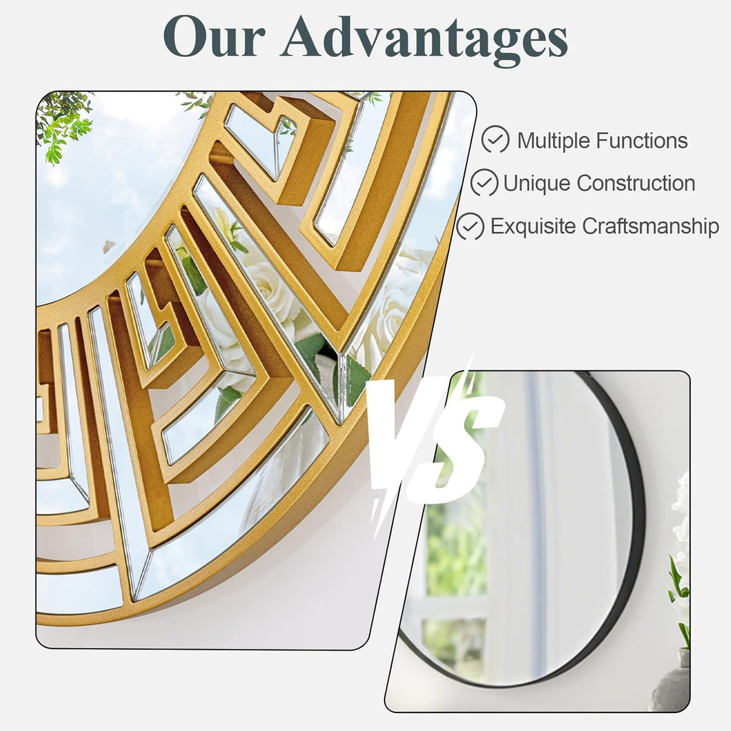 31.5"x31.5" Gold Round Mirror with Decorative Geometric Pattern, Accent Wall Mounted Mirror for Modern Living Room