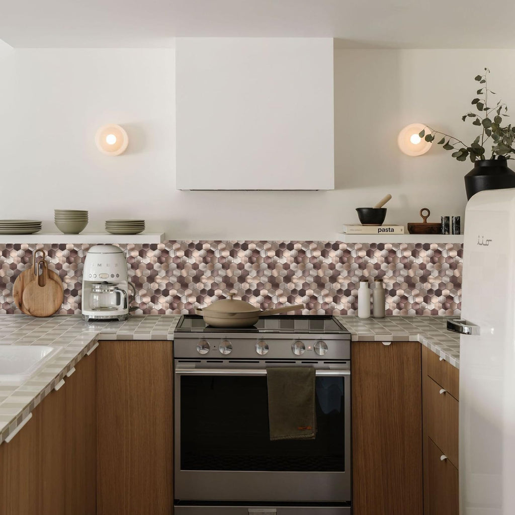 Hexagon Peel and Stick Backsplah Tile, Brown Self Adhesive Kitchen Backsplash Tiles Stick On Bathroom Wall Tiles