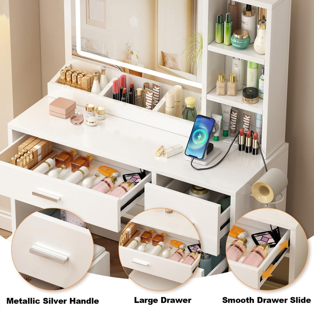 Vanity Desk with Mirror and Lights, 4 Drawers & Benches Vanity Desk Set, 3 Color Lighting Modes Adjustable Brightness