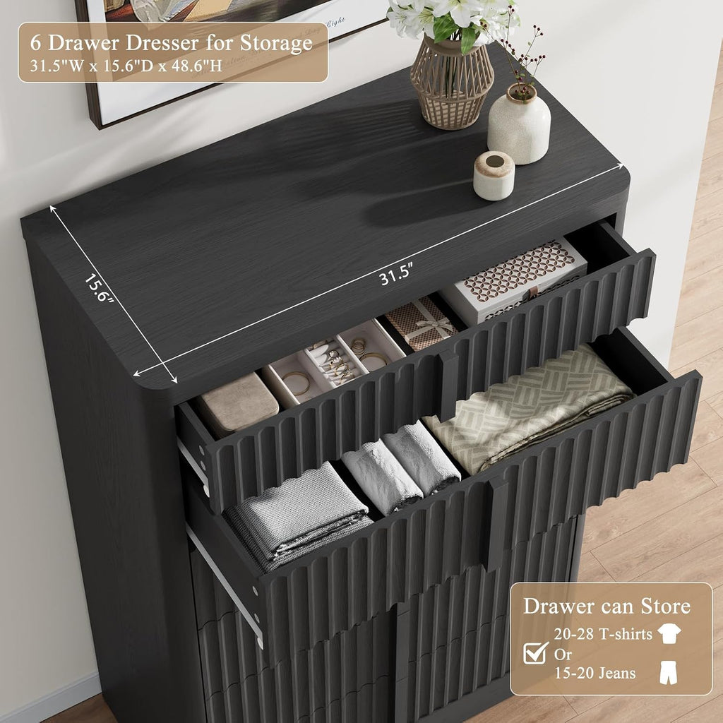 Fluted Dresser , 48" Tall 6 Drawer Dresser, Modern Chest of Drawers with Solid Wood Handle, Curved Profile Design