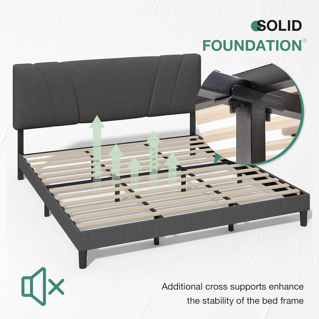 King Bed Frame and Headboard, Linen Upholstered King Bed Frame with Wood Slats Support, No Box Spring Needed